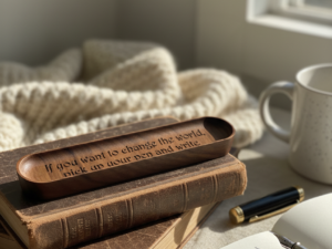 Inspirational Walnut Pen Tray, Gift for Writers, Engraved Wood Desk Organizer