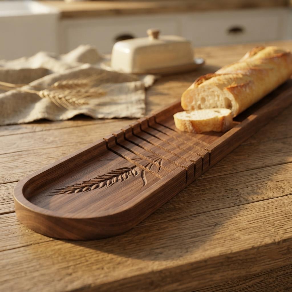 Walnut Baguette Slicing Board, French Bread Board & Serving Tray, 8 Slicing Notches for Precise Portions