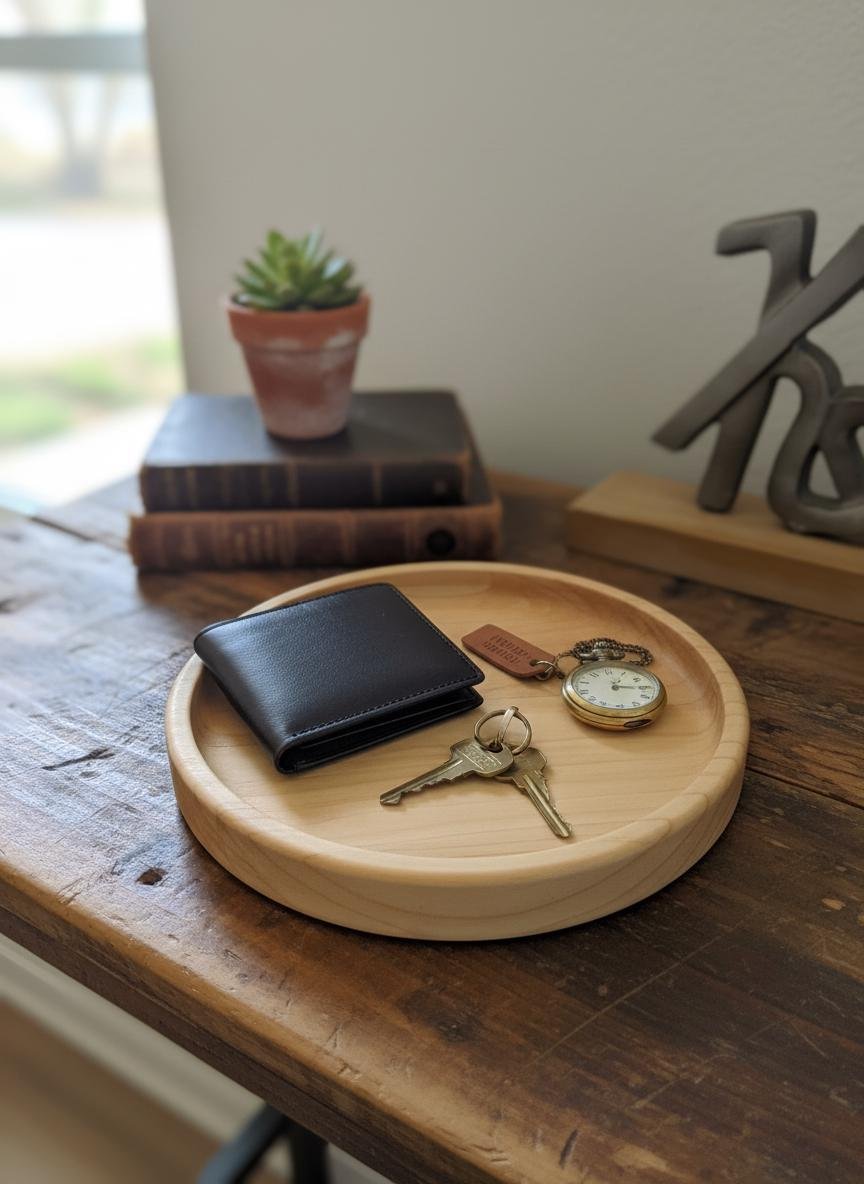 Round Maple Wood Valet Tray, Catchall Tray, Farmhouse Decor, Natural Tabletop Organizer