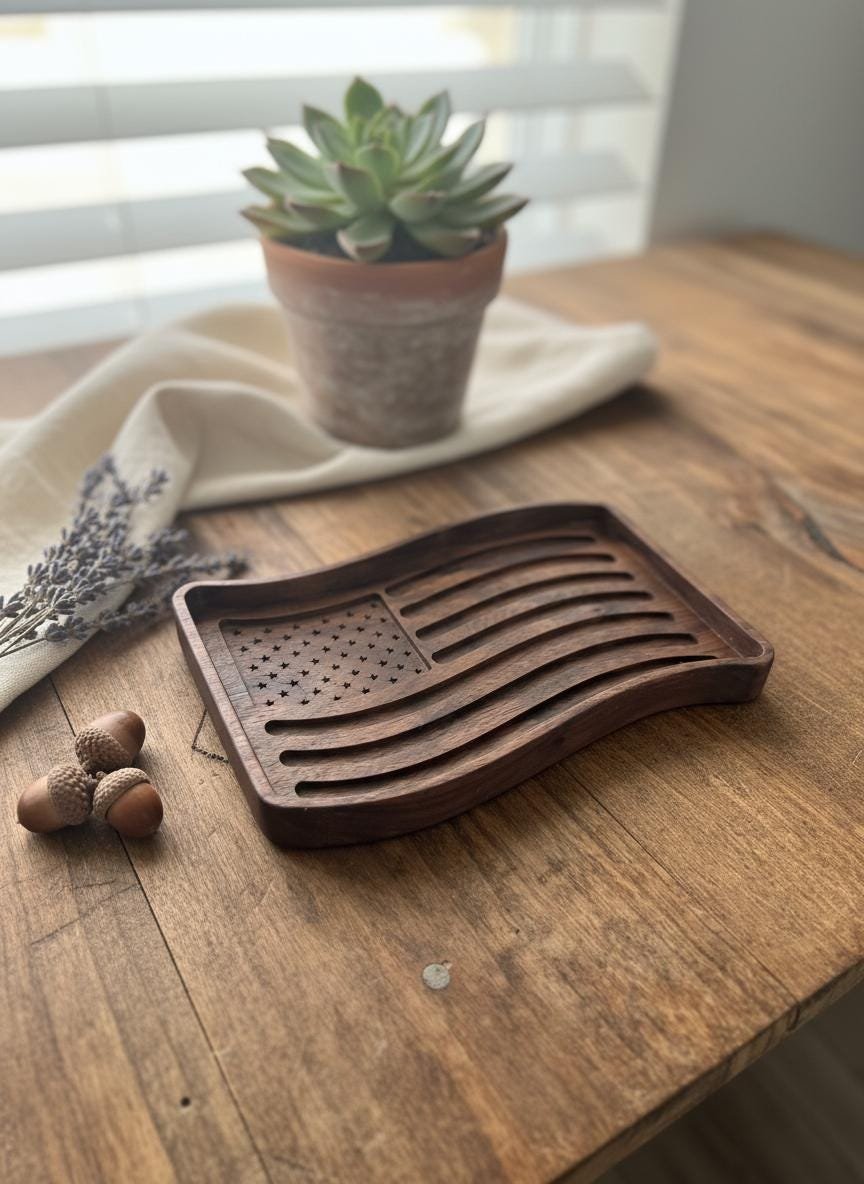Black Walnut Wavy American Flag Tray, Catchall Dish, Trinket Tray, Patriotic Home Decor Gift