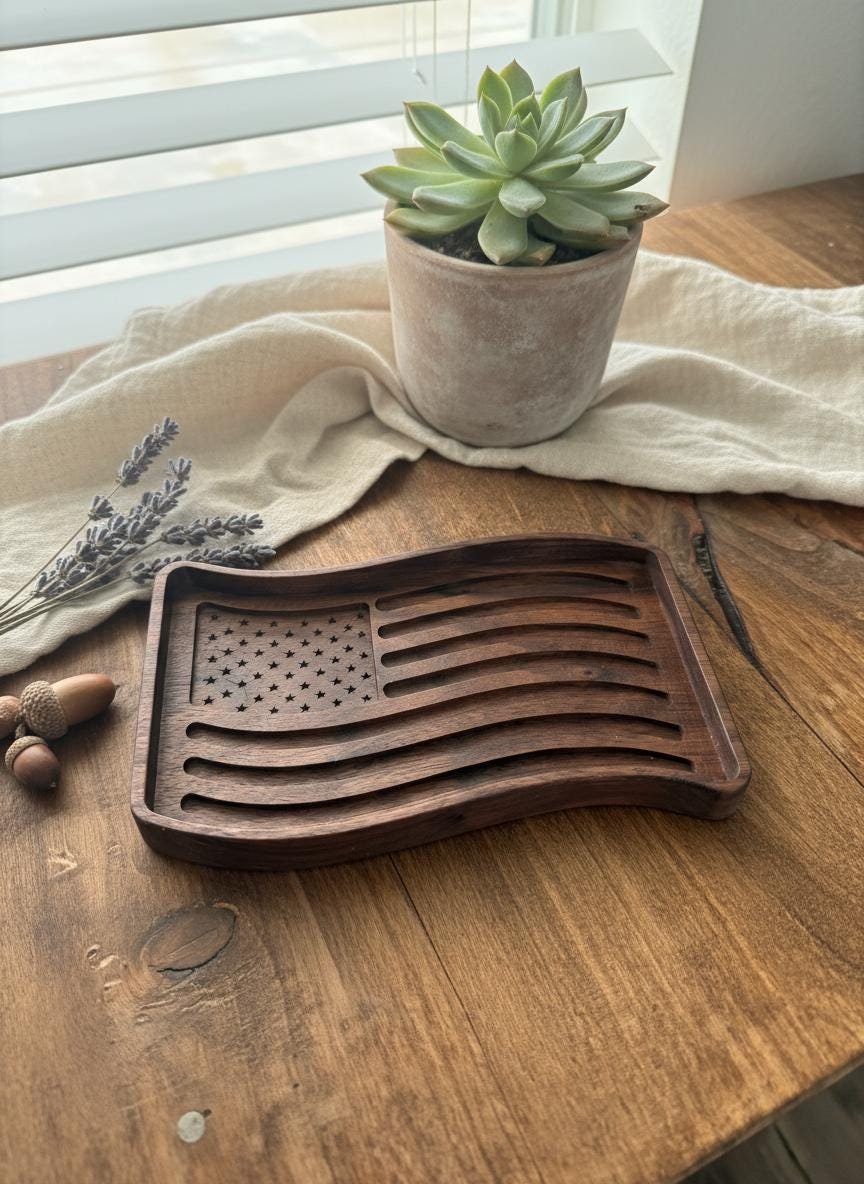 Black Walnut Wavy American Flag Tray, Catchall Dish, Trinket Tray, Patriotic Home Decor Gift - Image 3