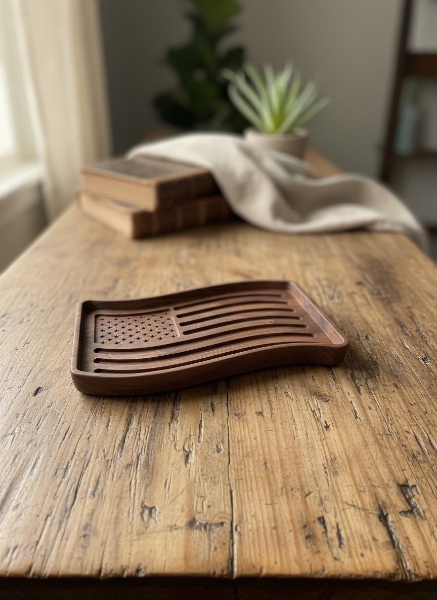 Black Walnut Wavy American Flag Tray, Catchall Dish, Trinket Tray, Patriotic Home Decor Gift - Image 11