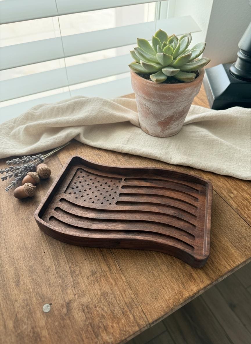 Black Walnut Wavy American Flag Tray, Catchall Dish, Trinket Tray, Patriotic Home Decor Gift - Image 16