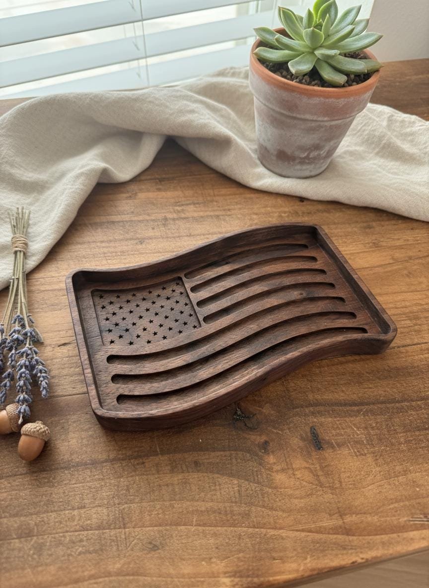 Black Walnut Wavy American Flag Tray, Catchall Dish, Trinket Tray, Patriotic Home Decor Gift - Image 17