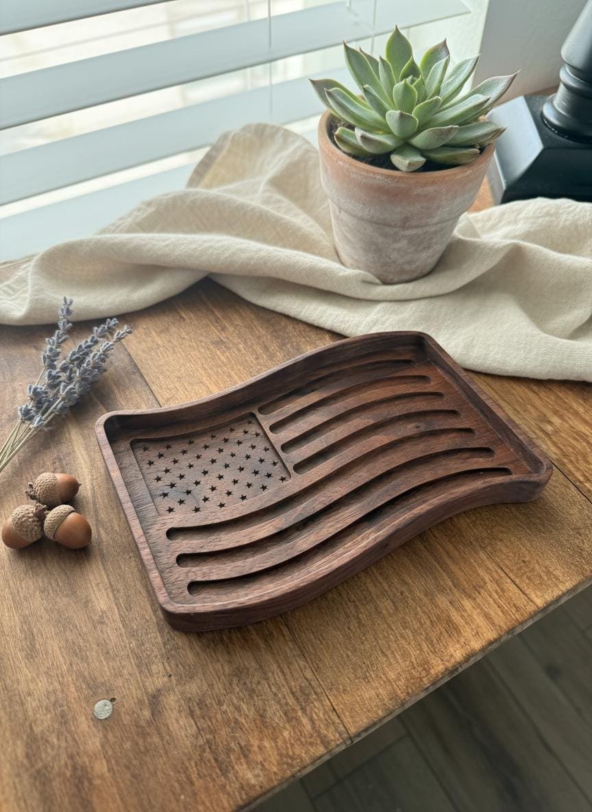 Black Walnut Wavy American Flag Tray, Catchall Dish, Trinket Tray, Patriotic Home Decor Gift - Image 20