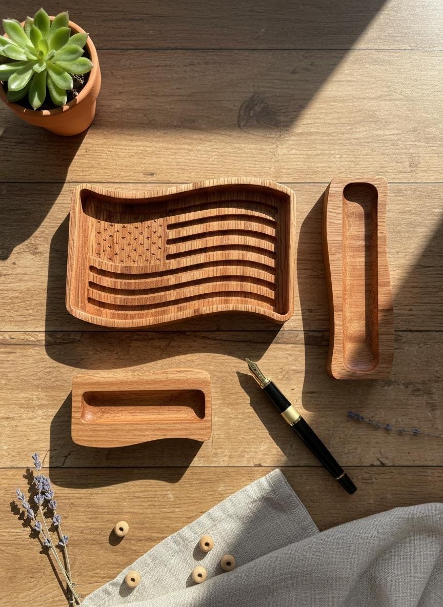 Red Oak Patriotic Desk Organizer Set, American Flag Tray - Image 9