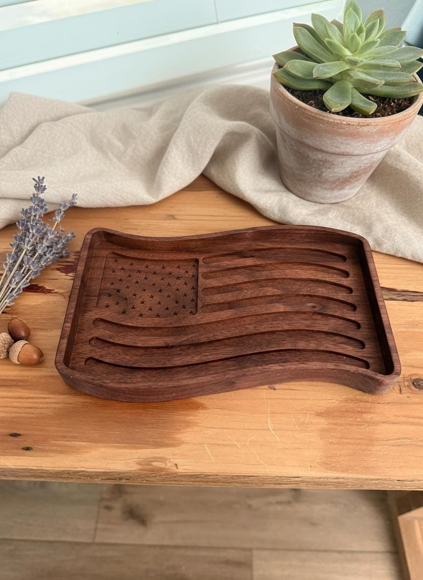 Black Walnut Wavy American Flag Tray, Catchall Dish, Trinket Tray, Patriotic Home Decor Gift - Image 4