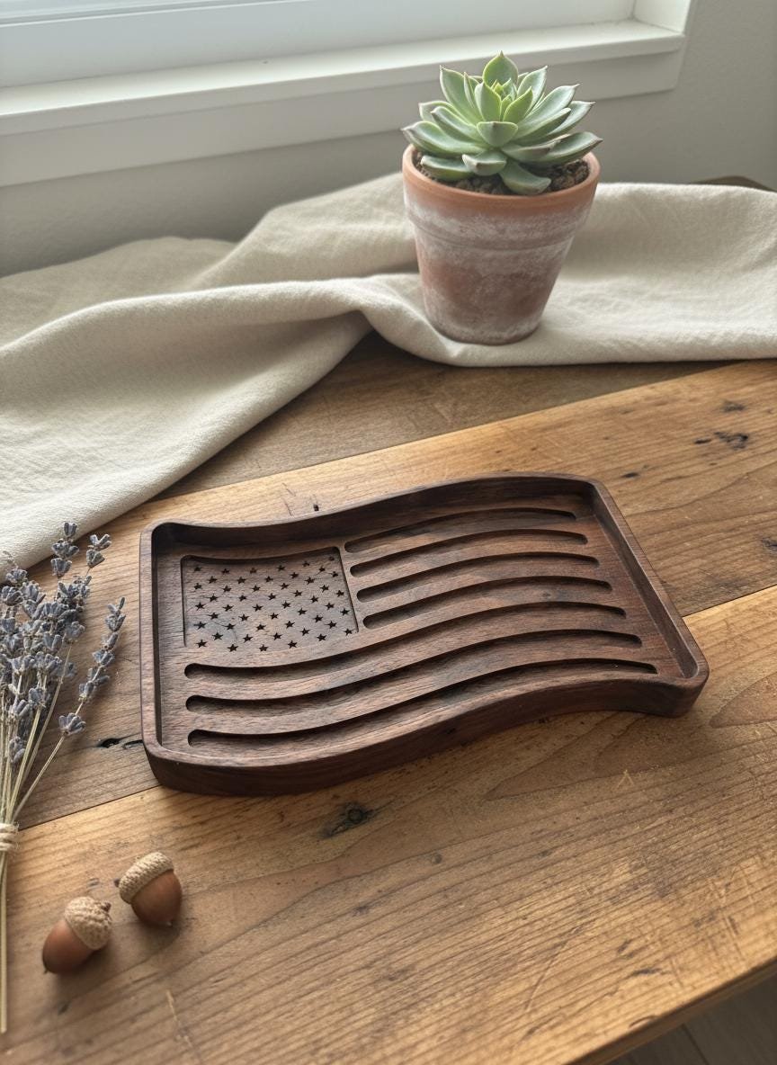 Black Walnut Wavy American Flag Tray, Catchall Dish, Trinket Tray, Patriotic Home Decor Gift - Image 2
