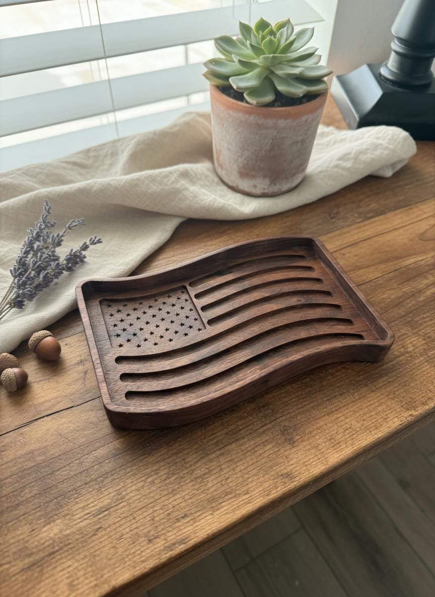 Black Walnut Wavy American Flag Tray, Catchall Dish, Trinket Tray, Patriotic Home Decor Gift - Image 6