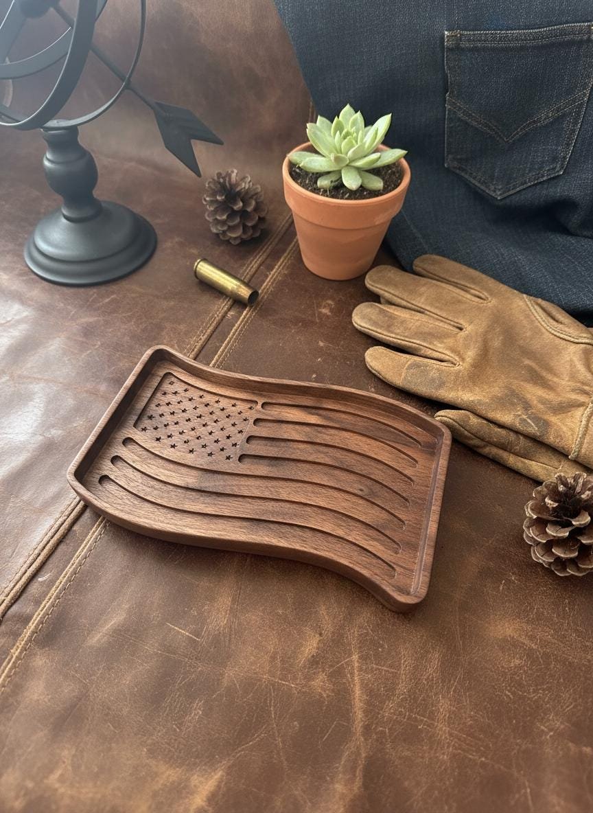 Black Walnut Wavy American Flag Tray, Catchall Dish, Trinket Tray, Patriotic Home Decor Gift - Image 5