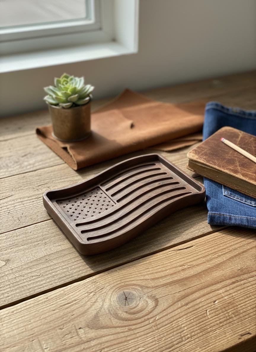 Black Walnut Wavy American Flag Tray, Catchall Dish, Trinket Tray, Patriotic Home Decor Gift - Image 8