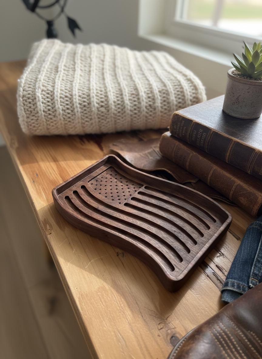 Black Walnut Wavy American Flag Tray, Catchall Dish, Trinket Tray, Patriotic Home Decor Gift - Image 9