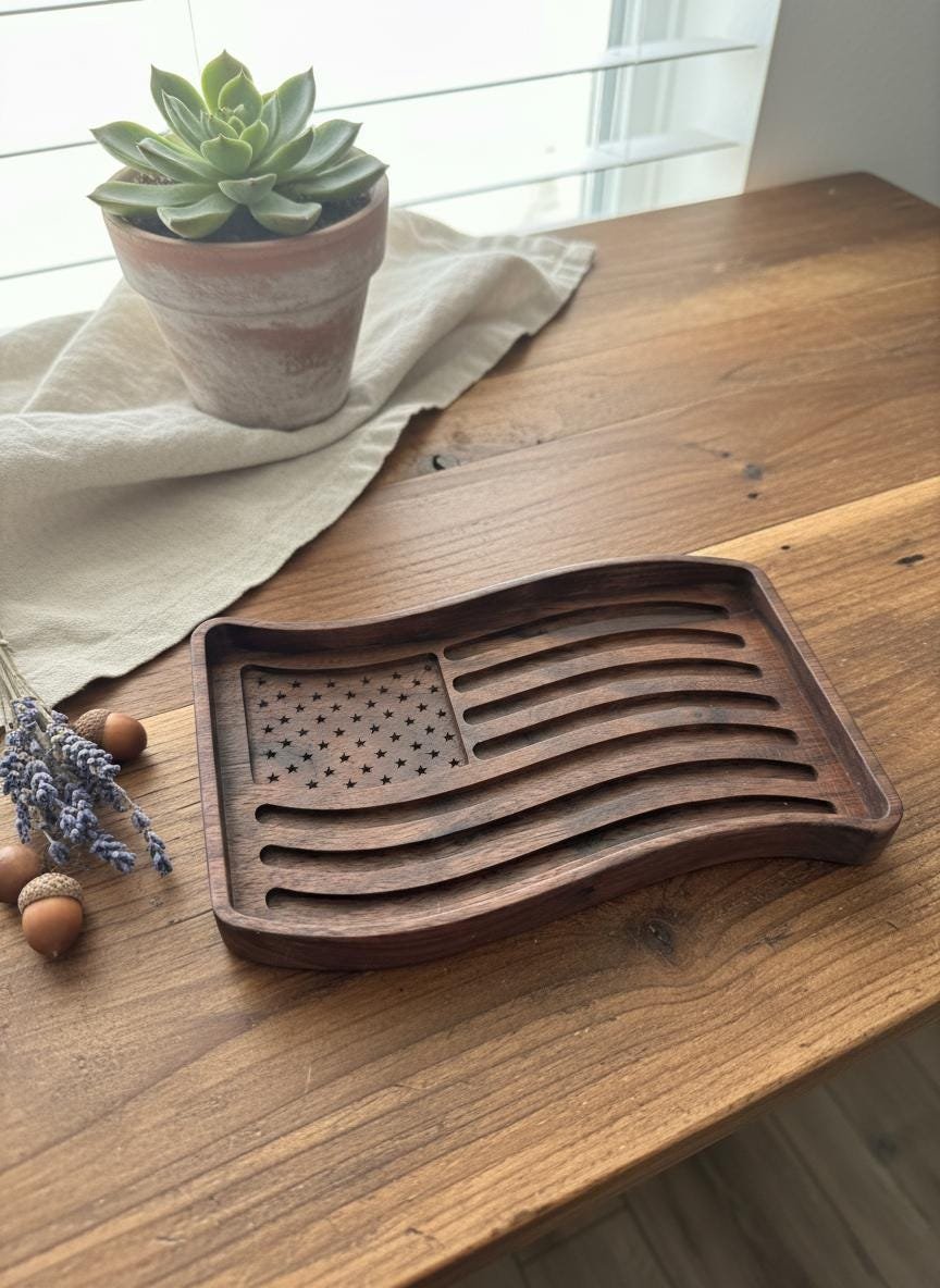 Black Walnut Wavy American Flag Tray, Catchall Dish, Trinket Tray, Patriotic Home Decor Gift - Image 10