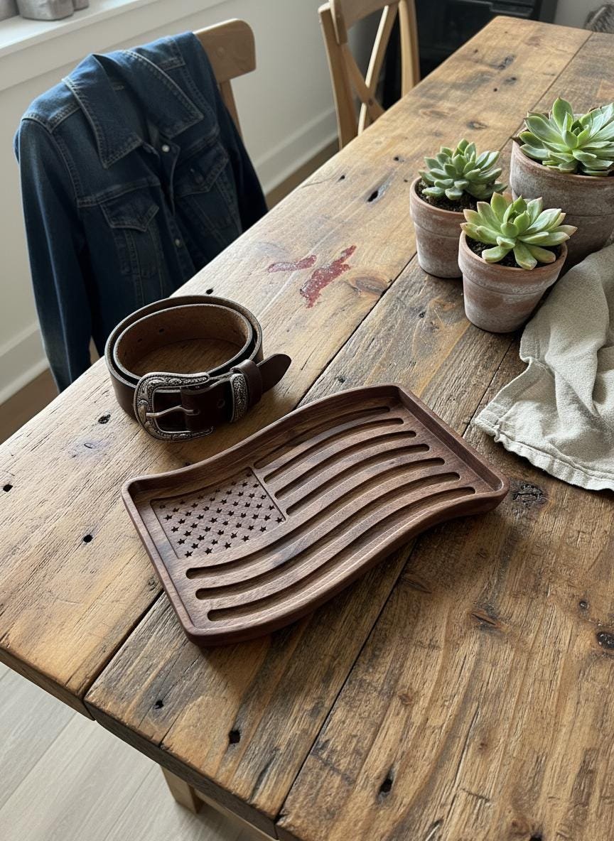 Black Walnut Wavy American Flag Tray, Catchall Dish, Trinket Tray, Patriotic Home Decor Gift - Image 7