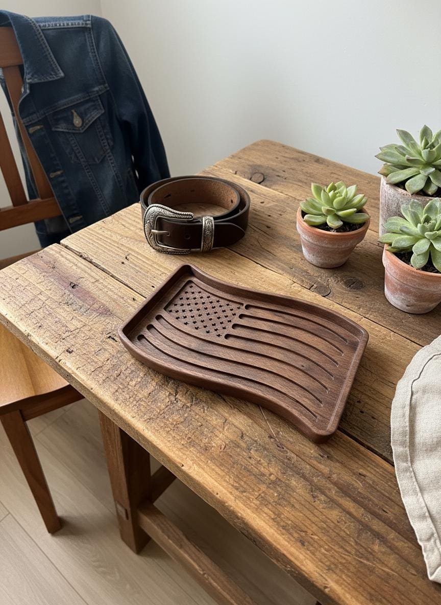 Black Walnut Wavy American Flag Tray, Catchall Dish, Trinket Tray, Patriotic Home Decor Gift - Image 18