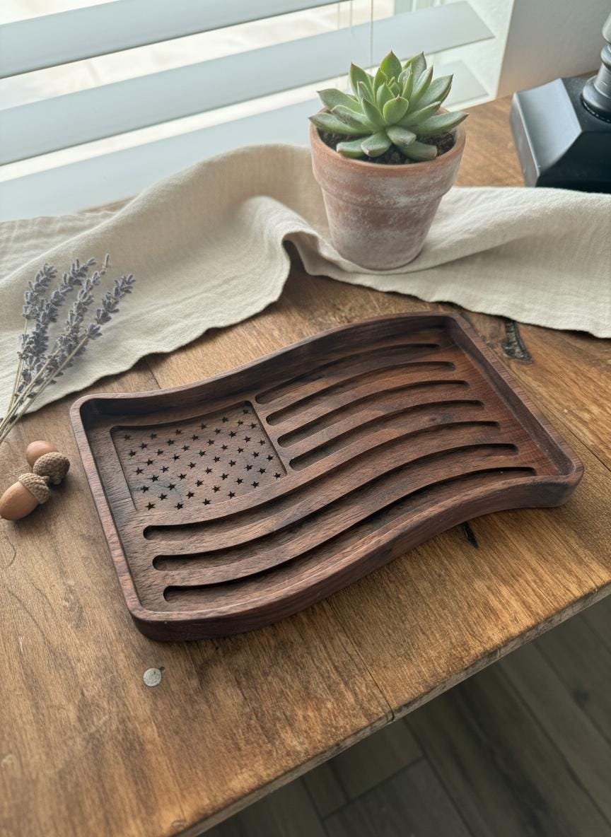 Black Walnut Wavy American Flag Tray, Catchall Dish, Trinket Tray, Patriotic Home Decor Gift - Image 19
