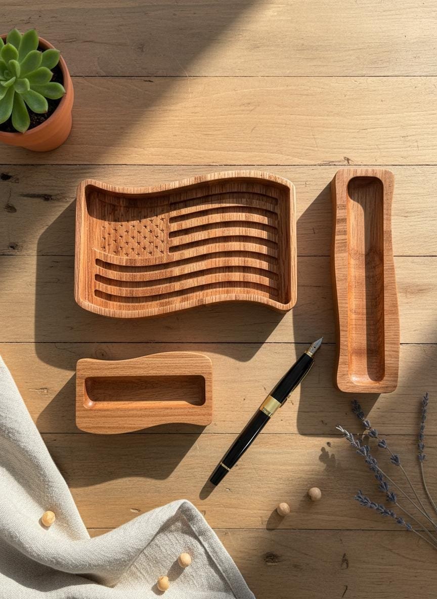 Red Oak Patriotic Desk Organizer Set, American Flag Tray - Image 8
