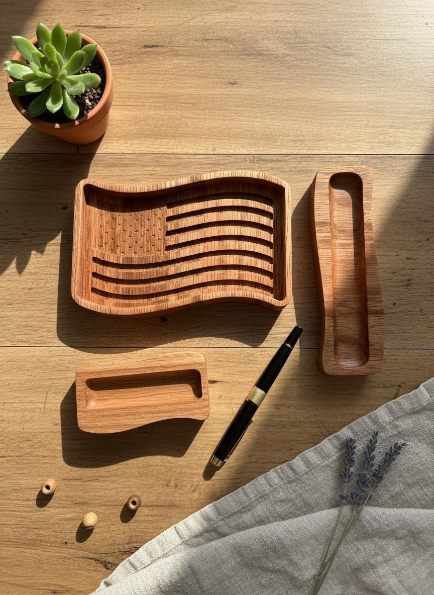 Red Oak Patriotic Desk Organizer Set, American Flag Tray - Image 6