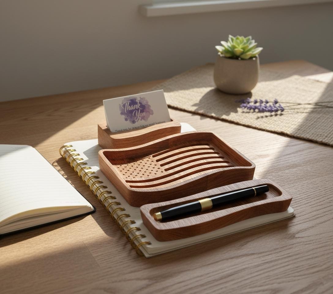 Red Oak Patriotic Desk Organizer Set, American Flag Tray - Image 20
