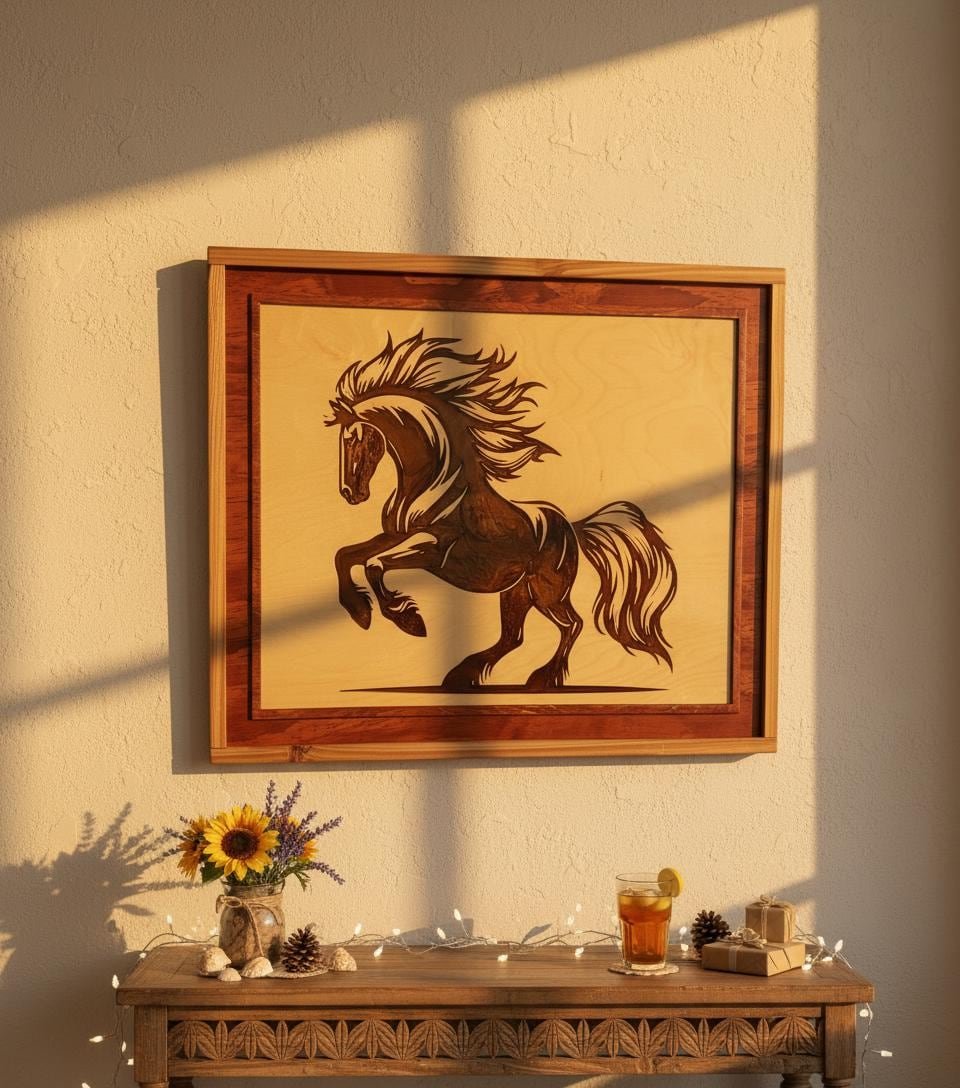 Rearing Stallion Wood Art, Laser Engraved Resin Inlay, Western Decor - Image 2