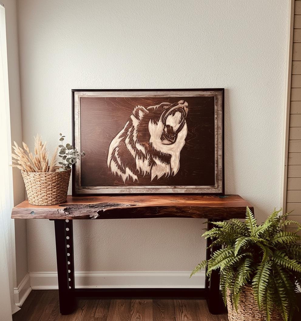 Rustic Grizzly Bear Wood Wall Art - Carved Wildlife Cabin Decor - Image 11