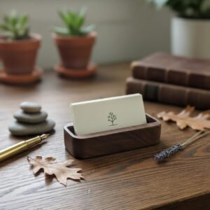 Black Walnut Business Card Holder, Minimalist Wood Desk Stand