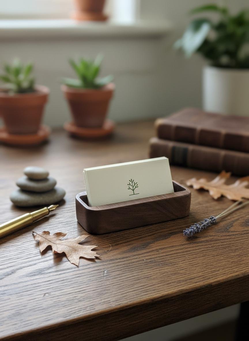Black Walnut Business Card Holder, Minimalist Wood Desk Stand