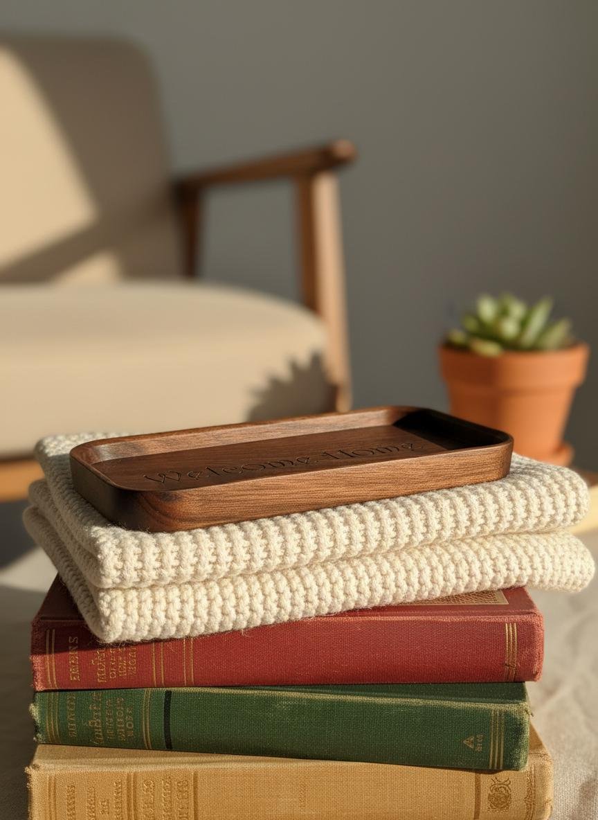 Black Walnut Welcome Home Catchall Tray, Engraved Wood Entryway Key Valet Tray - Image 6
