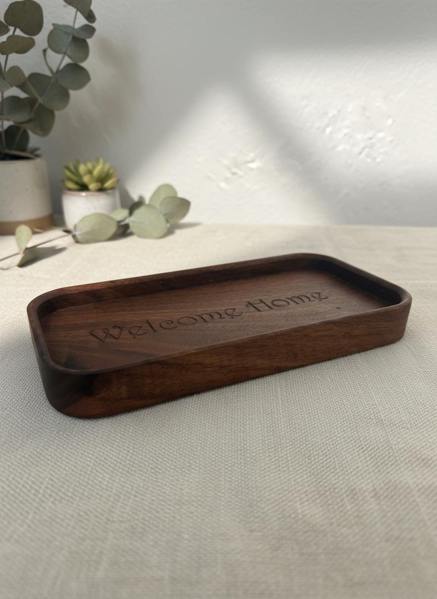 Black Walnut Welcome Home Catchall Tray, Engraved Wood Entryway Key Valet Tray - Image 5