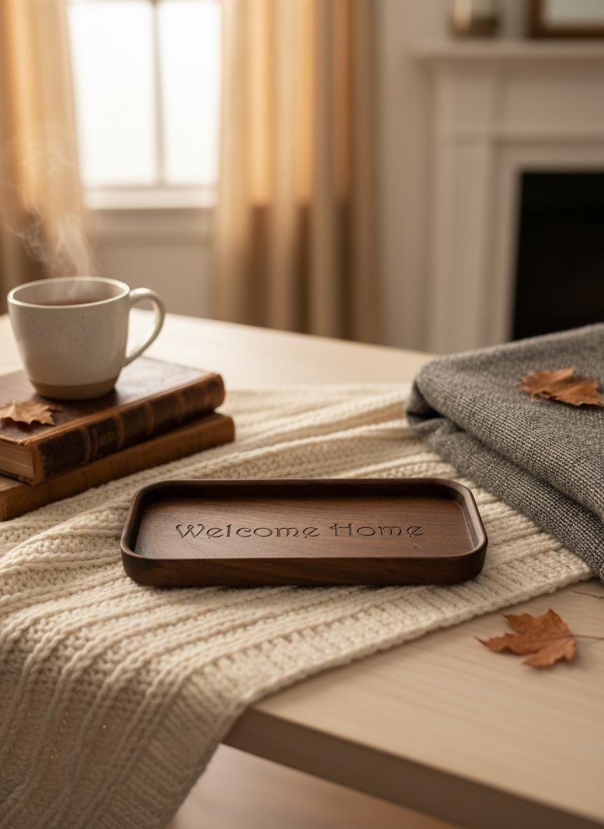 Black Walnut Welcome Home Catchall Tray, Engraved Wood Entryway Key Valet Tray - Image 2