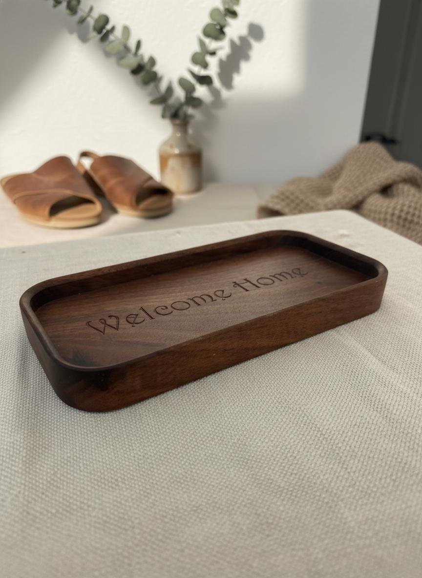 Black Walnut Welcome Home Catchall Tray, Engraved Wood Entryway Key Valet Tray - Image 7