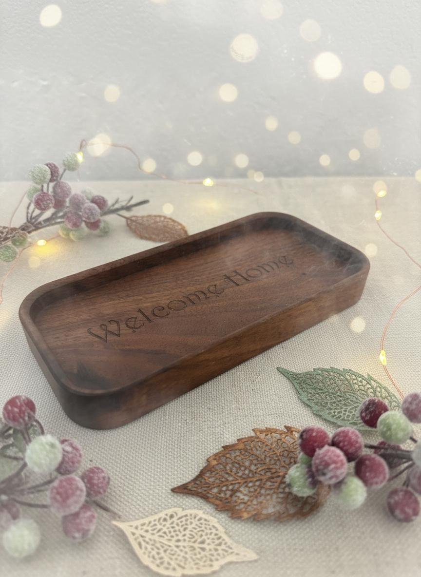 Black Walnut Welcome Home Catchall Tray, Engraved Wood Entryway Key Valet Tray - Image 8