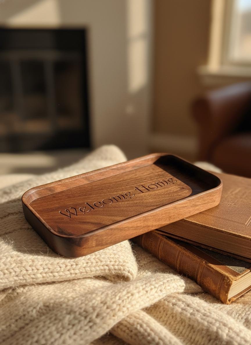 Black Walnut Welcome Home Catchall Tray, Engraved Wood Entryway Key Valet Tray - Image 11