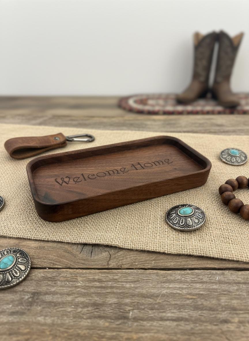 Black Walnut Welcome Home Catchall Tray, Engraved Wood Entryway Key Valet Tray - Image 13