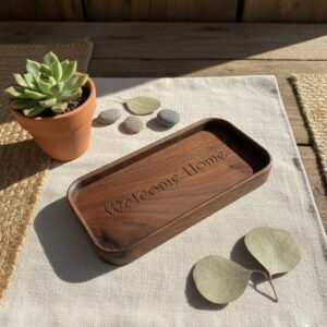 Black Walnut Welcome Home Catchall Tray, Engraved Wood Entryway Key Valet Tray