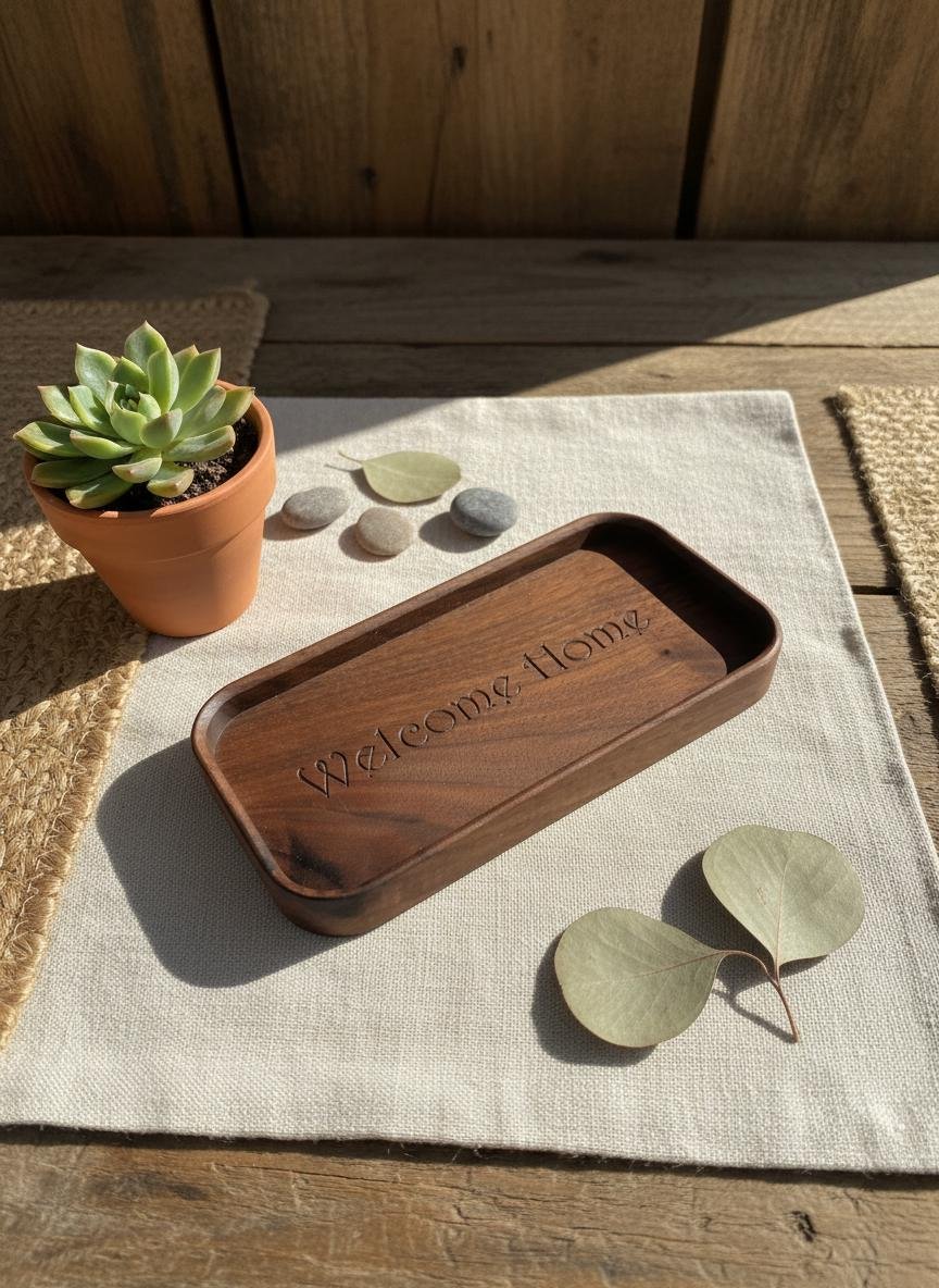 Black Walnut Welcome Home Catchall Tray, Engraved Wood Entryway Key Valet Tray