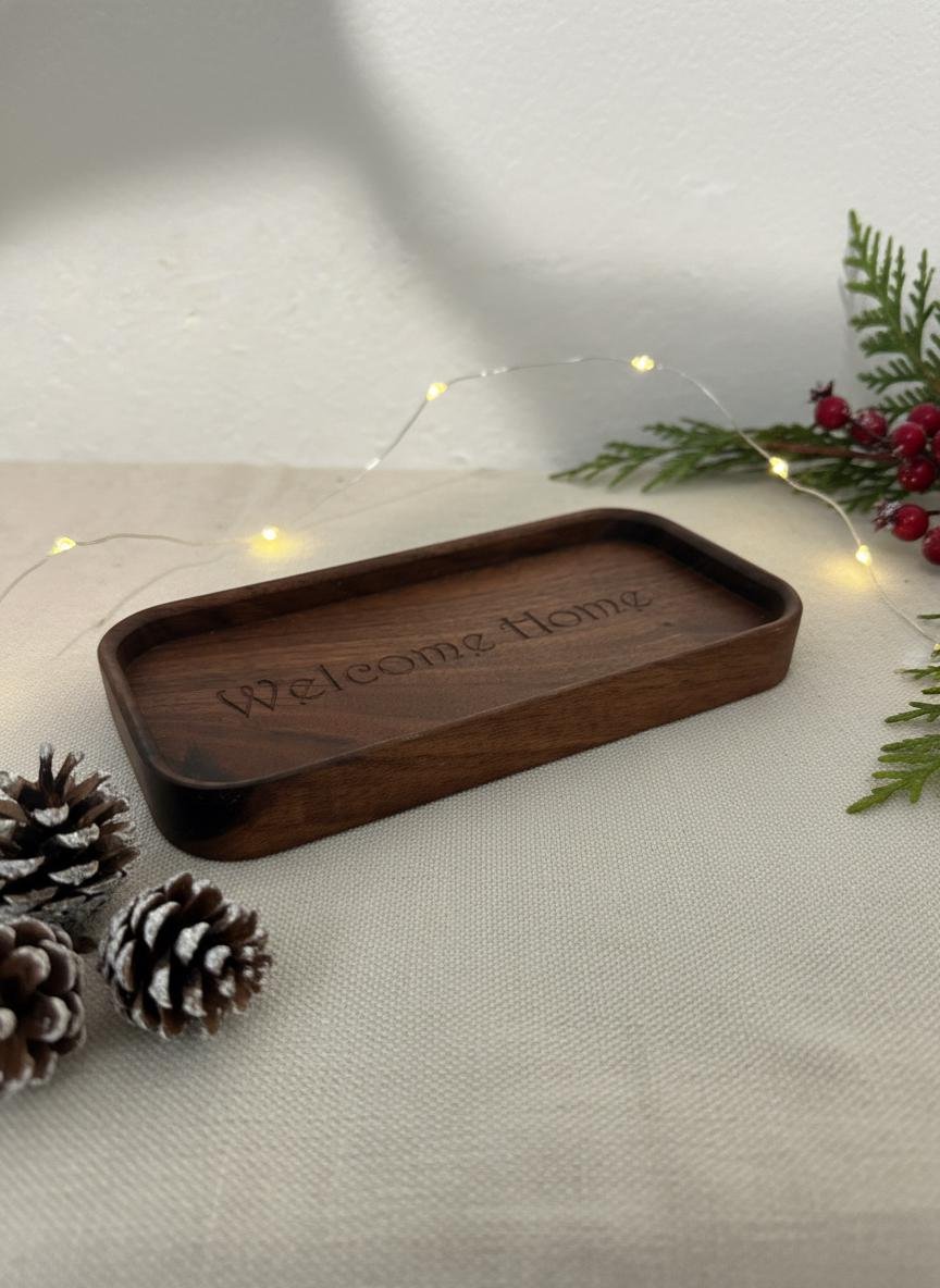 Black Walnut Welcome Home Catchall Tray, Engraved Wood Entryway Key Valet Tray - Image 17