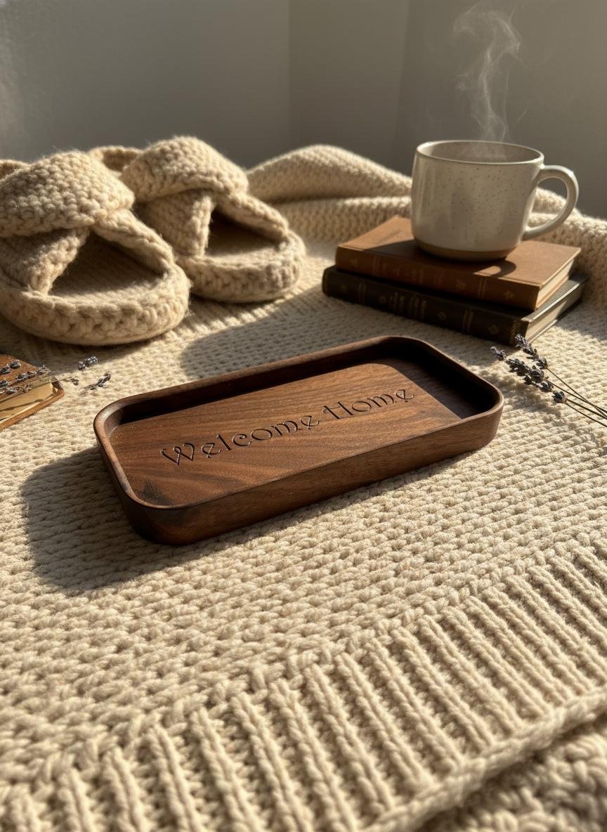 Black Walnut Welcome Home Catchall Tray, Engraved Wood Entryway Key Valet Tray - Image 16
