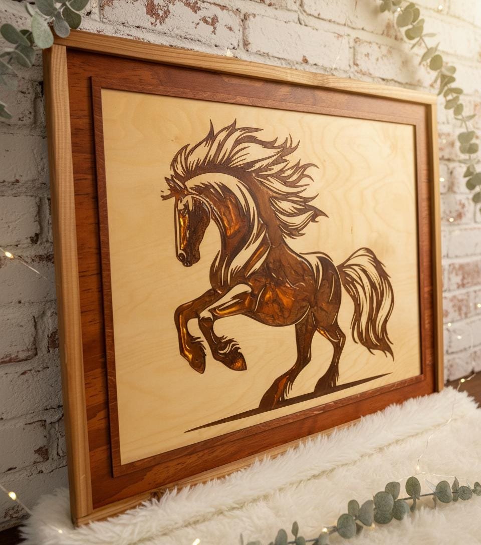 Rearing Stallion Wood Art, Laser Engraved Resin Inlay, Western Decor - Image 9