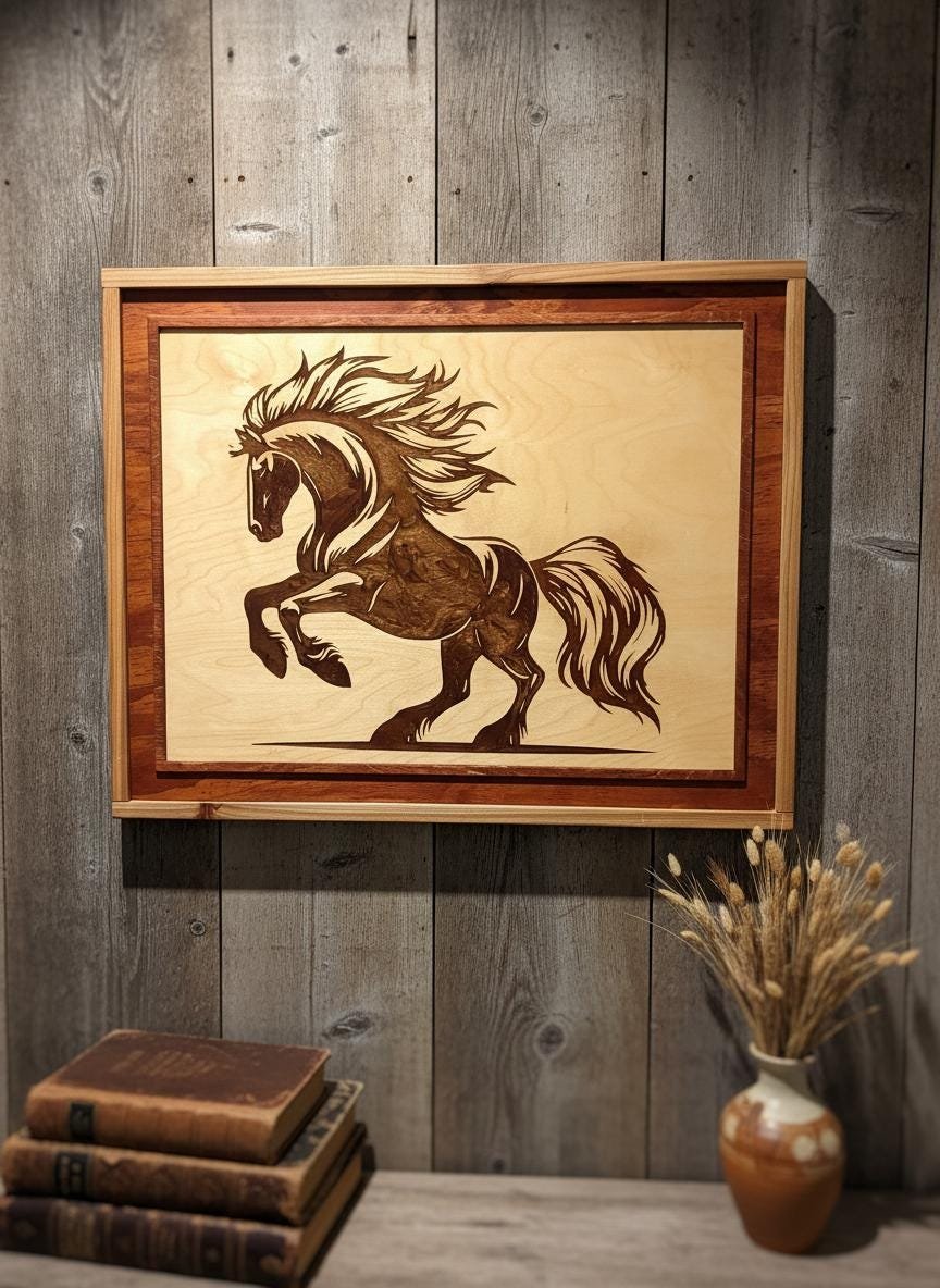 Rearing Stallion Wood Art, Laser Engraved Resin Inlay, Western Decor - Image 12