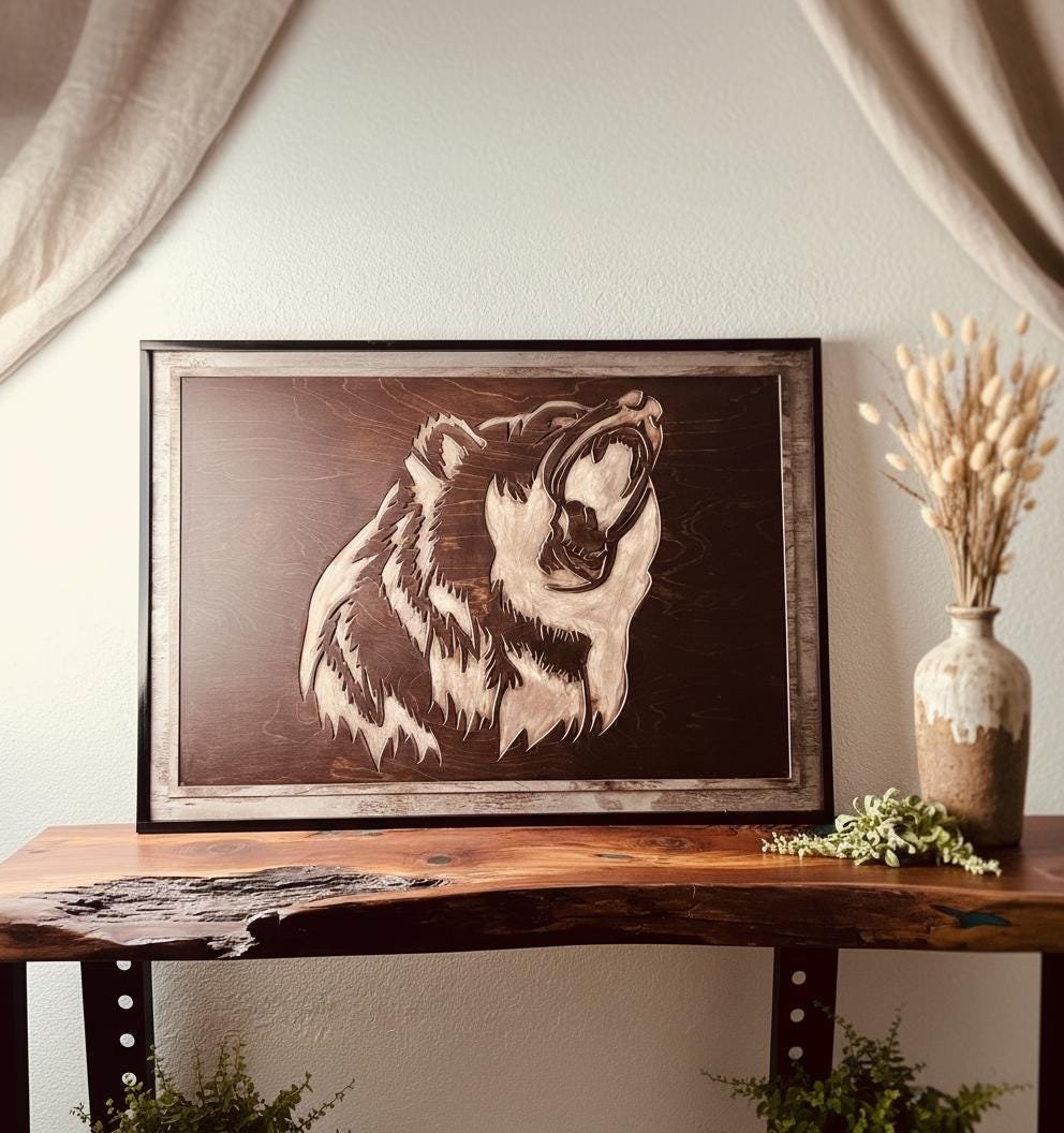 Rustic Grizzly Bear Wood Wall Art - Carved Wildlife Cabin Decor - Image 5