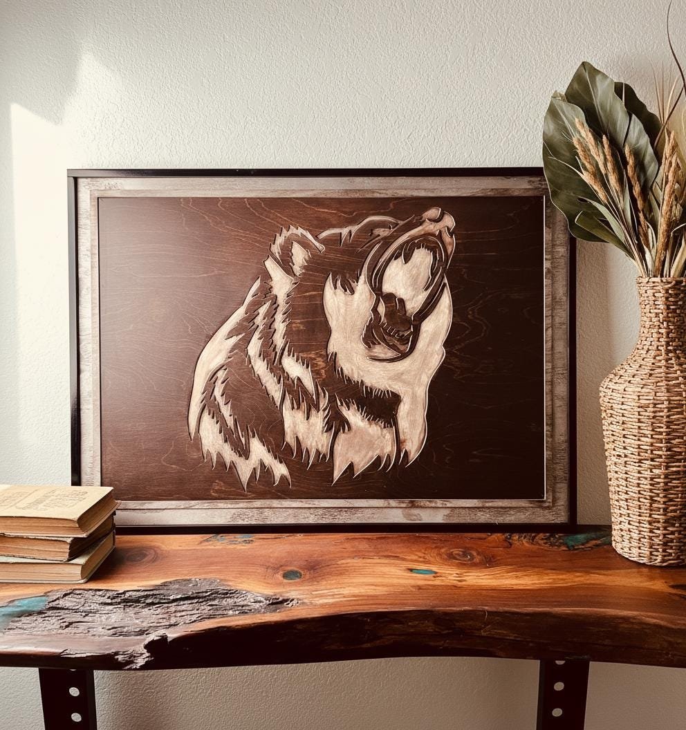 Rustic Grizzly Bear Wood Wall Art - Carved Wildlife Cabin Decor - Image 4