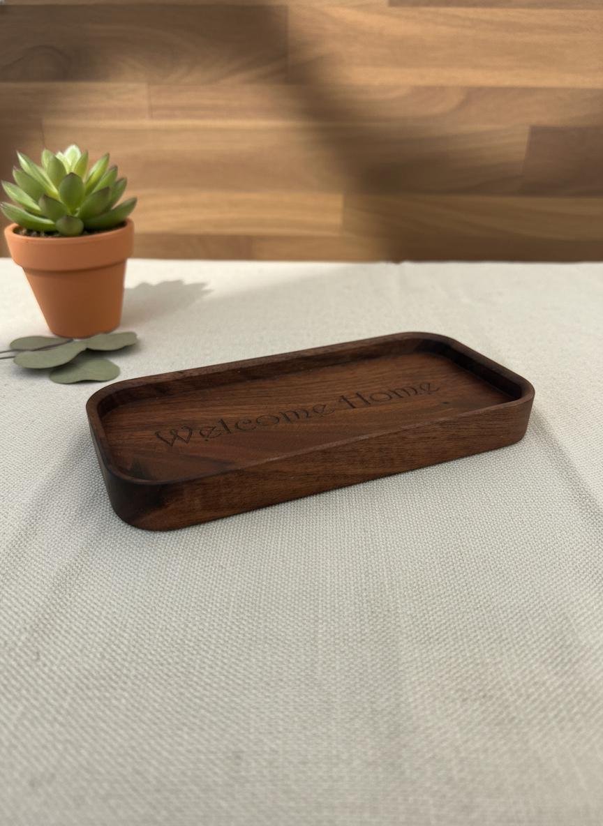 Black Walnut Welcome Home Catchall Tray, Engraved Wood Entryway Key Valet Tray - Image 4