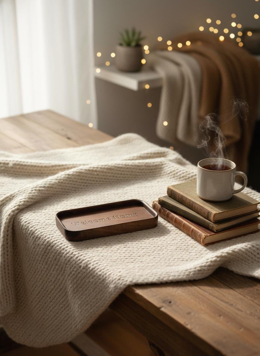 Black Walnut Welcome Home Catchall Tray, Engraved Wood Entryway Key Valet Tray - Image 3