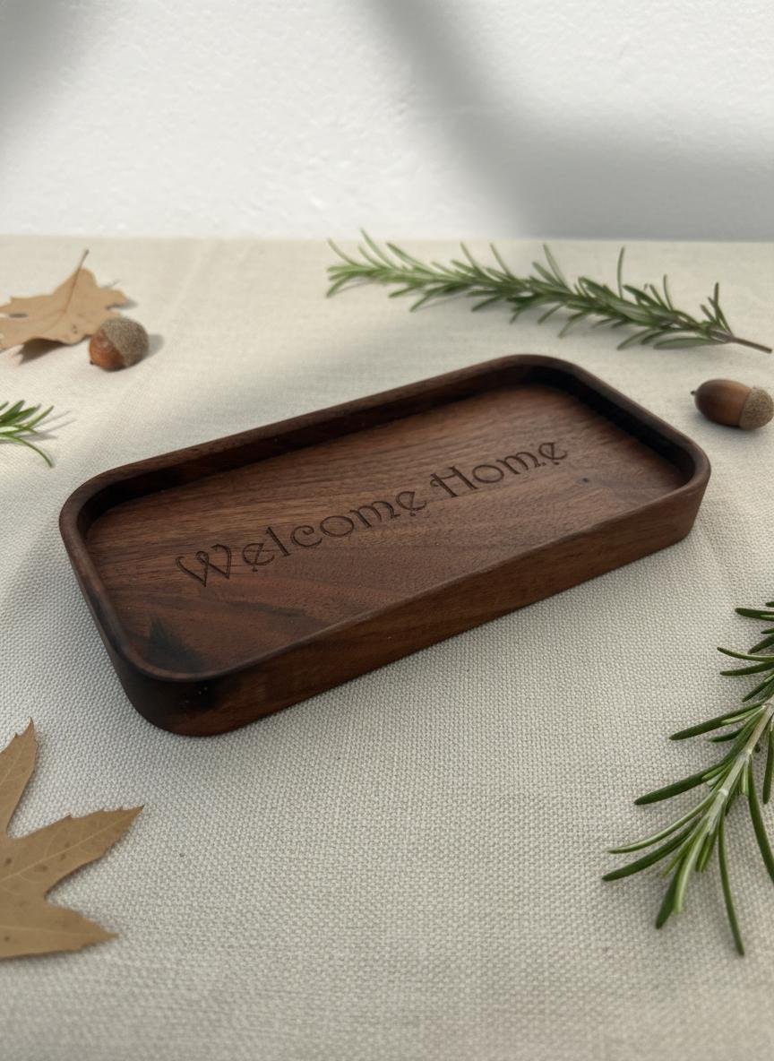 Black Walnut Welcome Home Catchall Tray, Engraved Wood Entryway Key Valet Tray - Image 9
