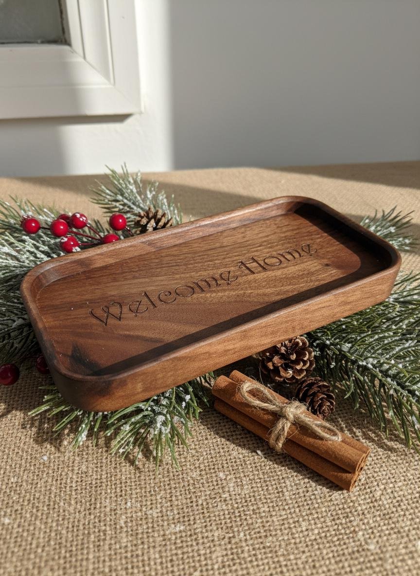 Black Walnut Welcome Home Catchall Tray, Engraved Wood Entryway Key Valet Tray - Image 10