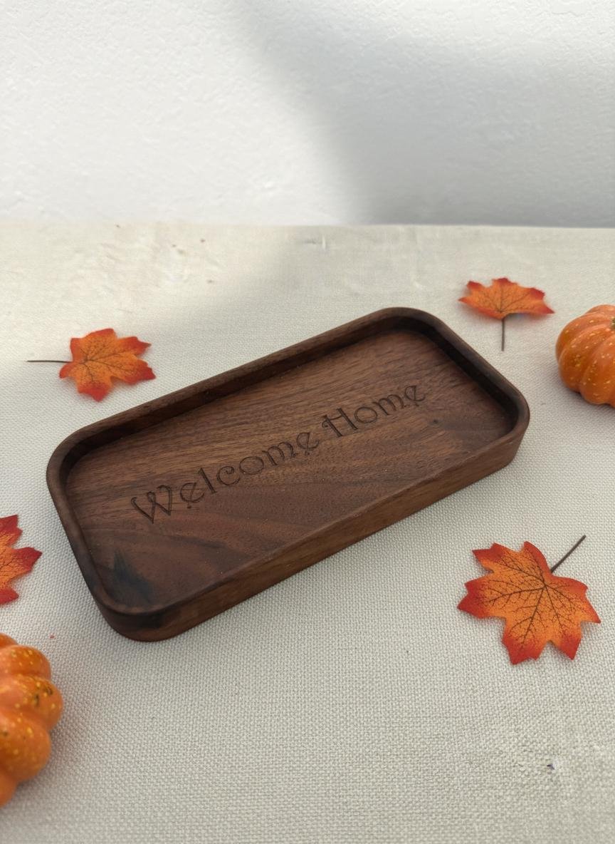 Black Walnut Welcome Home Catchall Tray, Engraved Wood Entryway Key Valet Tray - Image 12
