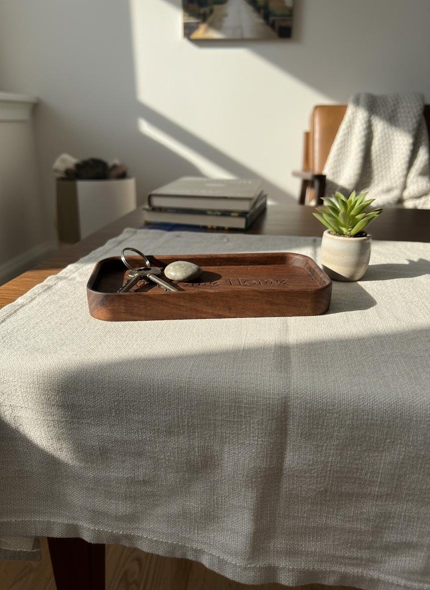 Black Walnut Welcome Home Catchall Tray, Engraved Wood Entryway Key Valet Tray - Image 15
