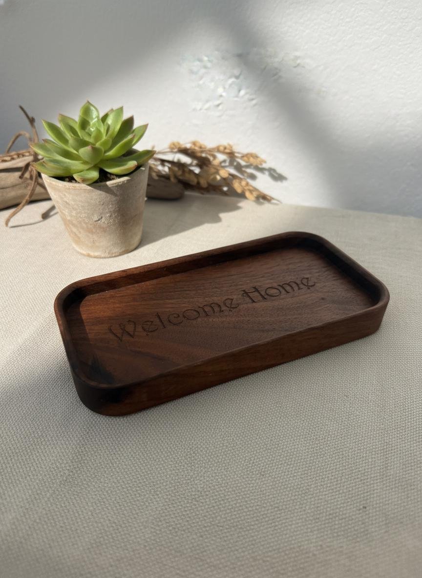 Black Walnut Welcome Home Catchall Tray, Engraved Wood Entryway Key Valet Tray - Image 14