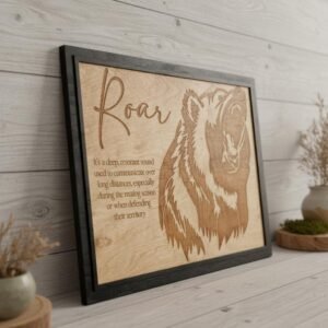 Grizzly Bear "Roar" Wall Art, Laser Engraved Wood Sign, Rustic Cabin Decor